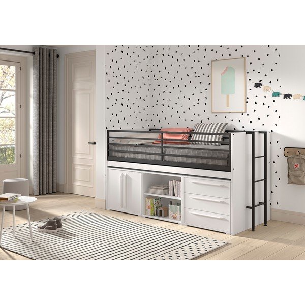 Pat pentru copii  alb înalt cu spațiu de depozitare cu somieră 90x200 cm Sam – Vipack-image-1