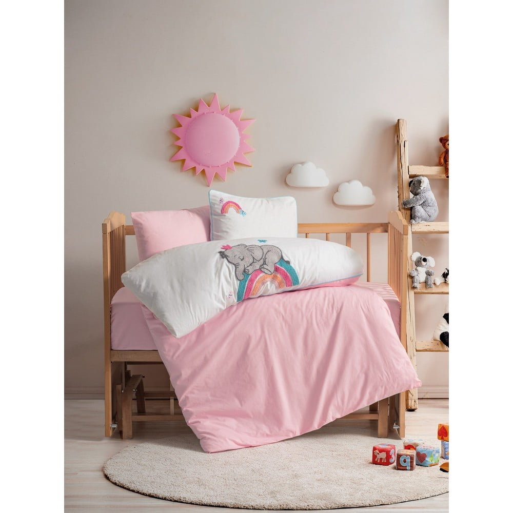 Lenjerie de pat pentru copii albă-roz din bumbac pentru pătuț cu cearceaf inclus, cu 4 piese 100x150 cm Lucky – Mijolnir