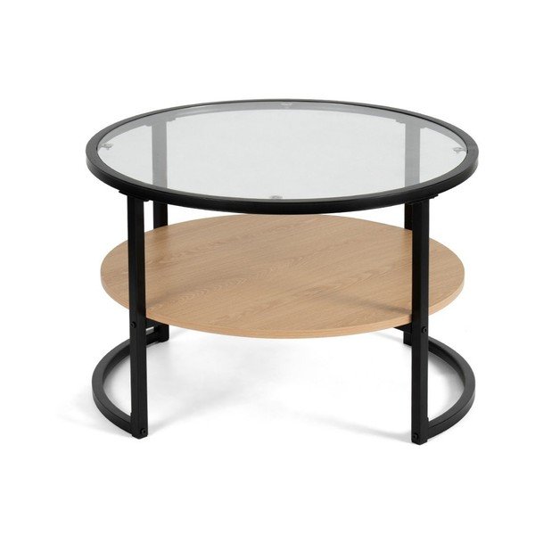 Măsuță de cafea neagră/în culoare naturală rotundă cu aspect de lemn de stejar ø 68 cm Zanu – Bonami Essentials-image-2