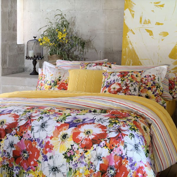 Lenjerie de pat Colourful Flowers cu cearșaf, 200x220 cm