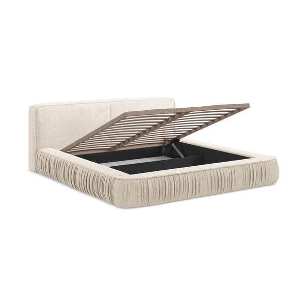 Pat dublu tapițat crem cu spațiu de depozitare cu grilă 180x200 cm Keoni - Makamii-image-3