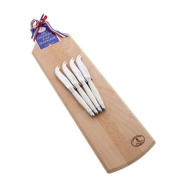 Set 4 cuțite pentru brânzeturi și platou din lemn Jean Dubost A la Francaise, alb