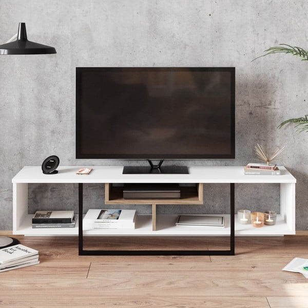 Comodă TV albă cu aspect de lemn de stejar 149x40 cm Asal – Kalune Design-image-3