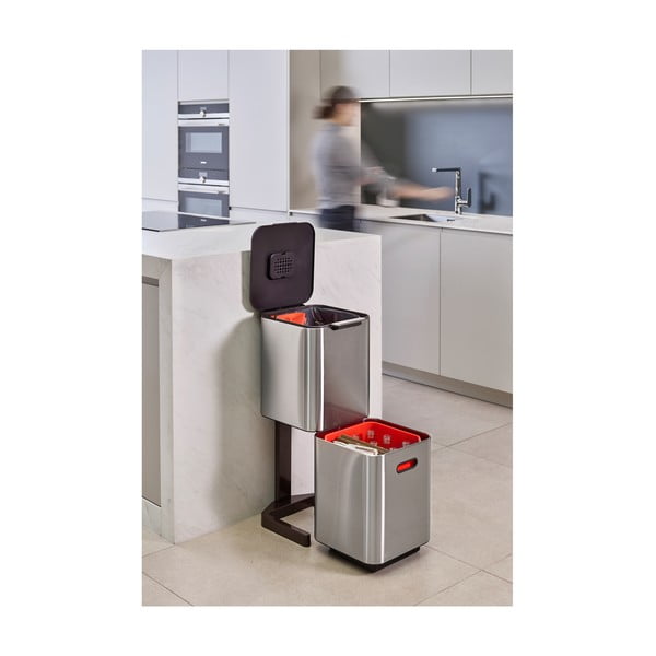 Coș de gunoi argintiu de reciclat din oțel 40 l Totem Compact – Joseph Joseph-image-1