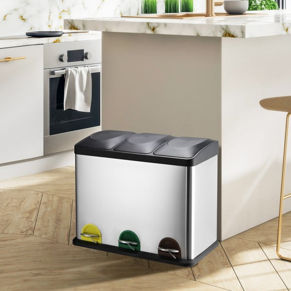 Coș de gunoi argintiu mat pentru reciclare/cu pedală 3x20 l din oțel   Tri Selectif – MSV-image-1