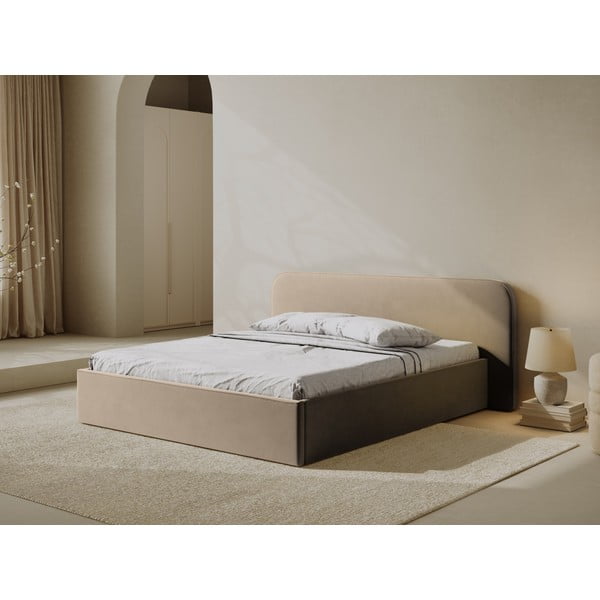 Pat matrimonial taupe tapițat cu spațiu de depozitare cu somieră 160x200 cm Elizabeth – Micadoni -image-1