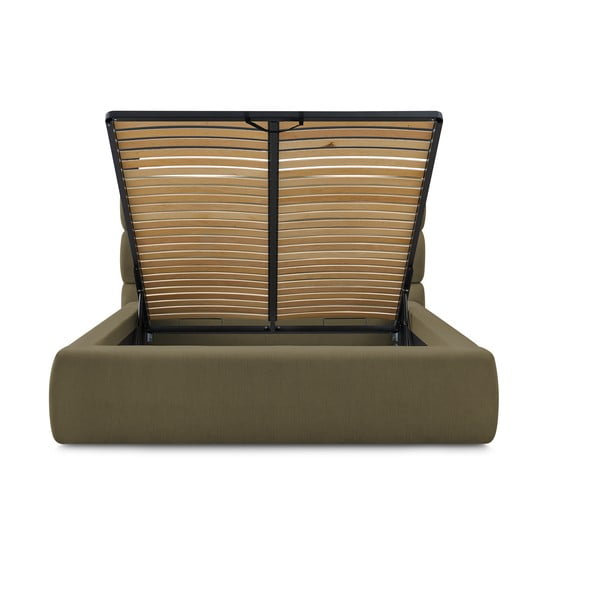 Pat matrimonial verde închis tapițat cu spațiu de depozitare și somieră 180x200 cm Jagna – Bobochic Paris-image-3