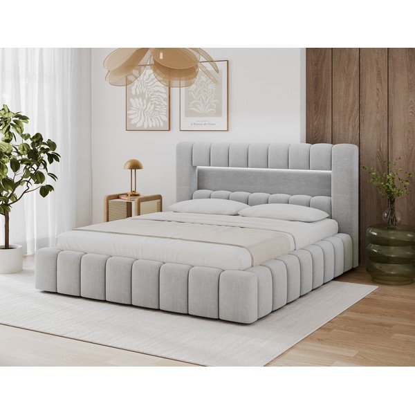 Pat matrimonial gri deschis tapițat cu spațiu de depozitare cu somieră 140x200 cm Lamica – ELTAP-image-2