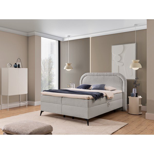 Pat boxspring gri deschis cu spațiu de depozitare 200x200 cm Ornes – Ropez-image-1