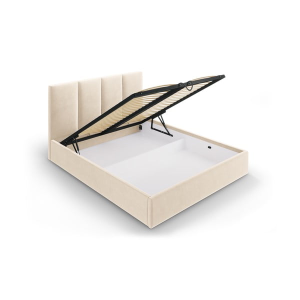Pat matrimonial 160x200 cm bej tapițat cu spațiu de depozitare cu somieră Juniper – Mazzini Beds-image-3
