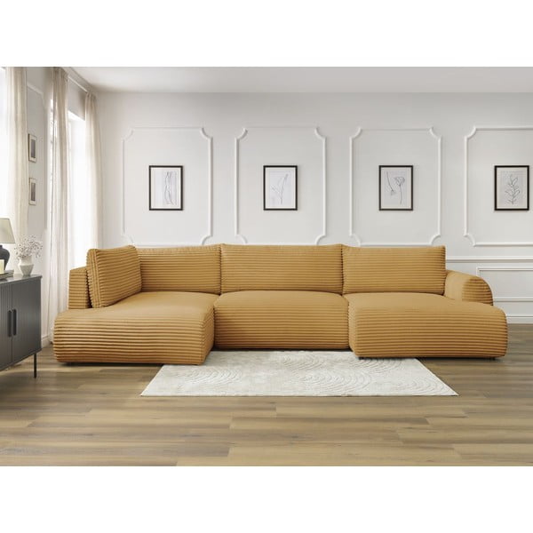 Colțar galben muștar extensibil/cu spațiu de depozitare cu tapițerie din catifea reiată  (cu colț pe partea stângă/în formă de "U") Lucien – Bobochic Paris-image-1