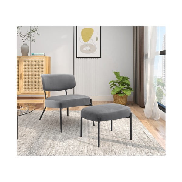 Fotoliu cu taburet gri cu tapițerie din catifea Jerry – Støraa-image-2