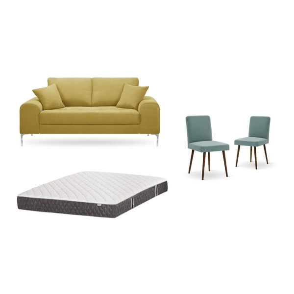 Set canapea galbenă, 2 scaune gri-verde, o saltea 140 x 200 cm Home Essentials