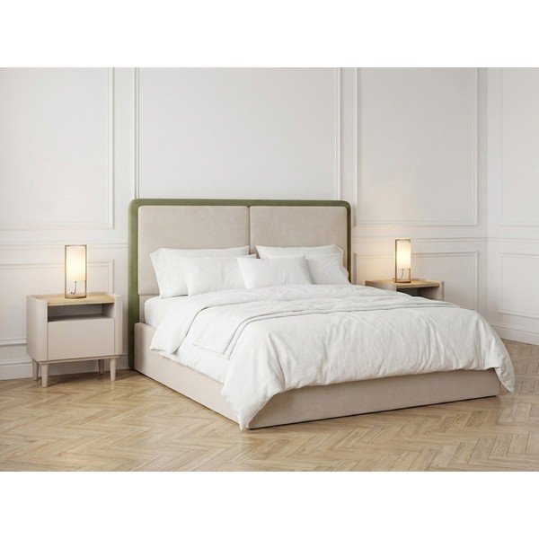 Pat matrimonial verde/bej tapițat cu spațiu de depozitare cu somieră 180x200 cm Mara – Bobochic Paris-image-1