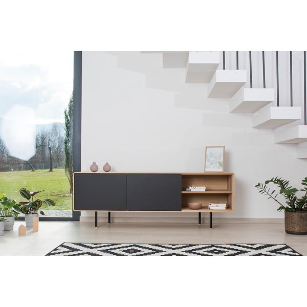 Comodă TV neagră/în culoare naturală din lemn de stejar 180x64 cm Fina – Gazzda-image-1