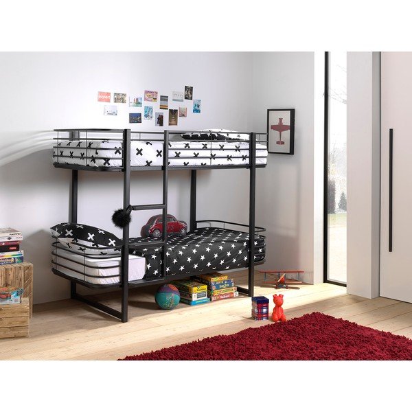 Pat pentru copii  negru supraetajat din metal cu somieră 90x200 cm Oscar – Vipack-image-1