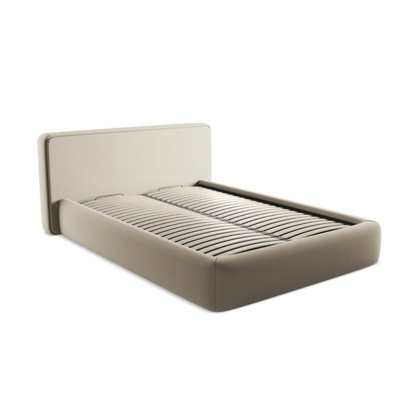 Pat matrimonial bej tapițat cu spațiu de depozitare cu somieră 140x200 cm Kiana – Makamii