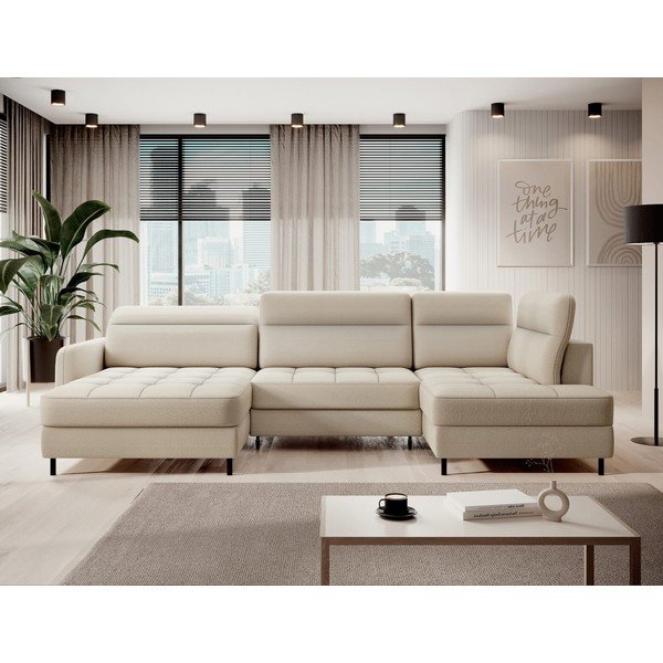 Colțar bej extensibil/cu spațiu de depozitare cu tapițerie din catifea (cu colț pe partea dreaptă/în formă de "U") Berrto – ELTAP-image-1