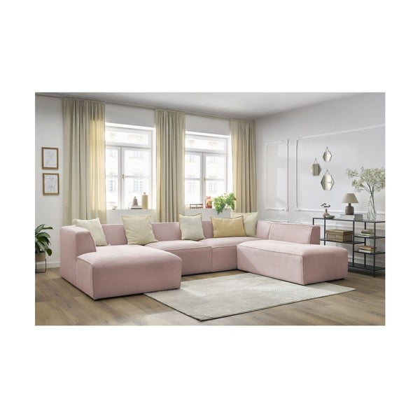 Colțar modular roz cu tapițerie din catifea reiată  (cu colț pe partea dreaptă/în formă de "U") Megeve – Bobochic Paris-image-1