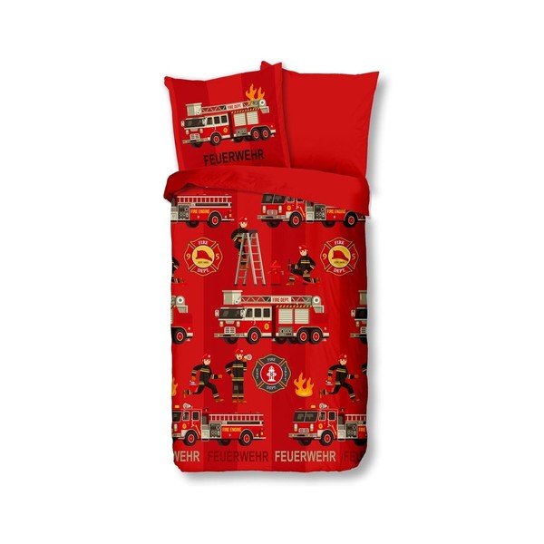 Lenjerie de pat din bumbac pentru copii Good Morning Fireman, 140 x 200 cm, roșu