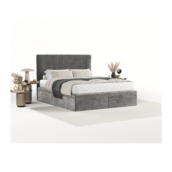 Pat matrimonial gri tapițat cu spațiu de depozitare 200x200 cm Mavel – Maison de Rêve-image-1