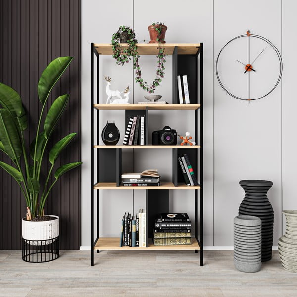 Bibliotecă neagră/în culoare naturală cu aspect de lemn de stejar 88x175 cm Alabama – Marckeric-image-4