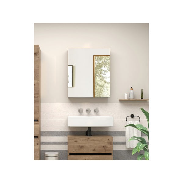 Dulap de baie în culoare naturală suspendat/cu oglindă cu aspect de lemn de stejar 60x70 cm Wisla – Støraa-image-3