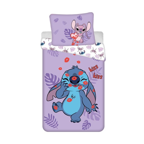 Lenjerie de pat pentru copii mov din bumbac pentru pat de o persoană 140x200 cm Lilo and Stitch "Kiss" – Jerry Fabrics