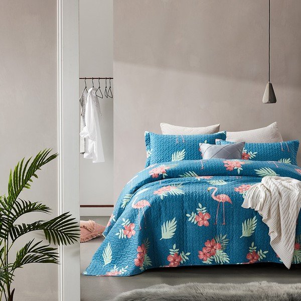 Cuvertură din micropercal cu 2 fețe de pernă Sleeptime Flamingo, 250 x 260 cm, albastru