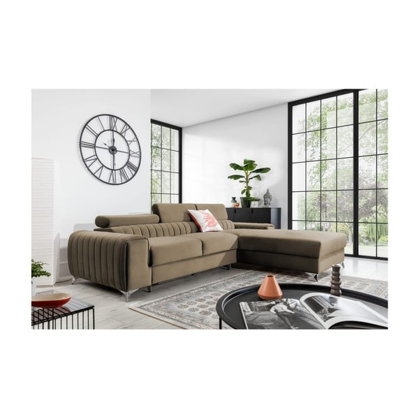 Colțar maro deschis extensibil/cu spațiu de depozitare cu tapițerie din catifea (cu colț pe partea dreaptă/cu șezlong) Grayson – ELTAP-image-1