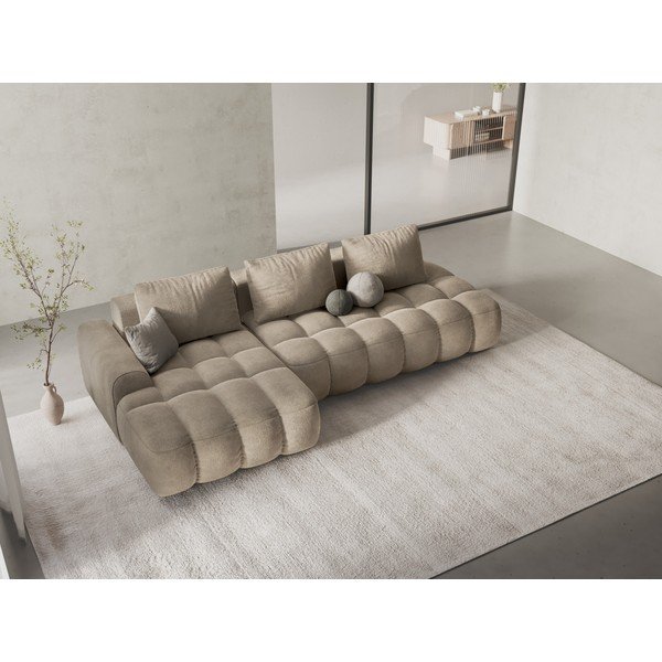 Colțar bej extensibil/cu spațiu de depozitare cu tapițerie din catifea (cu colț pe partea stângă/cu șezlong) Linz – Cosmopolitan Design-image-1