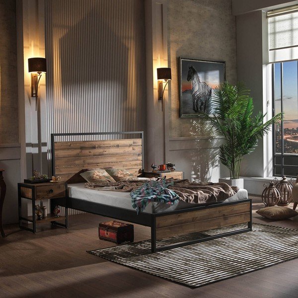 Pat matrimonial negru-natural cu somieră 140x200 cm Ariane – Kalune Design-image-1