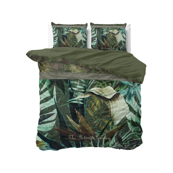 Lenjerie din bumbac pentru pat dublu Pure Cotton Botanic Garden, 240 x 200/220 cm, verde