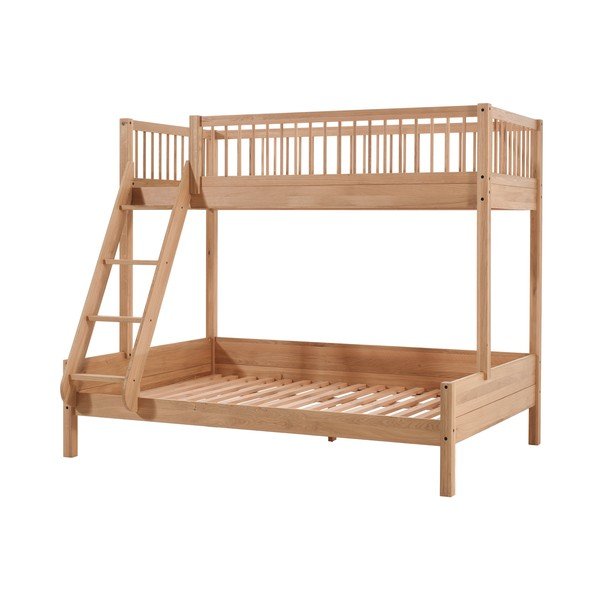 Pat pentru copii  în culoare naturală supraetajat din lemn de stejar cu somieră 140x200/90x200 cm Forrest – Vipack