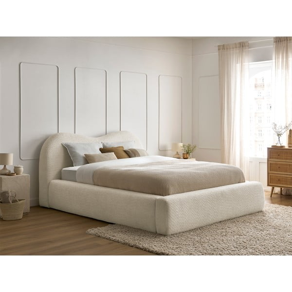 Pat matrimonial bej tapițat cu spațiu de depozitare cu somieră 180x200 cm Orlane – Bobochic Paris-image-1