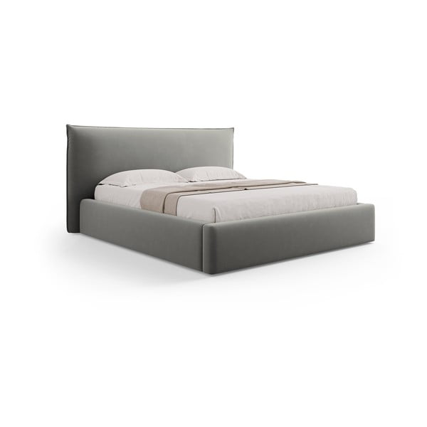 Pat matrimonial gri tapițat cu spațiu de depozitare cu somieră 180x200 cm Elio – Milo Casa-image-4