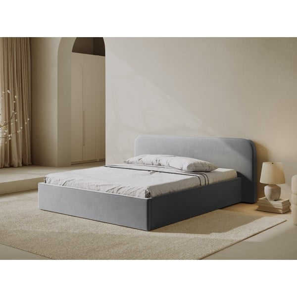 Pat matrimonial gri deschis tapițat cu spațiu de depozitare cu somieră 200x200 cm Elizabeth – Micadoni -image-1