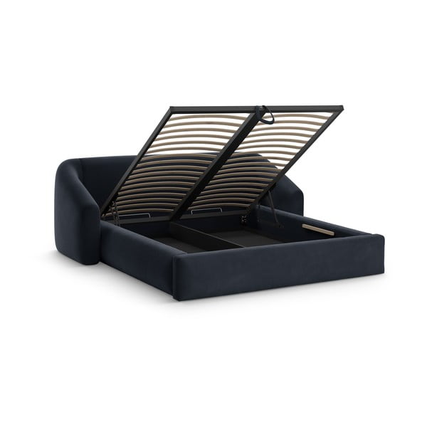 Pat matrimonial albastru închis tapițat cu spațiu de depozitare cu somieră 140x200 cm Campi – Cosmopolitan Design-image-1