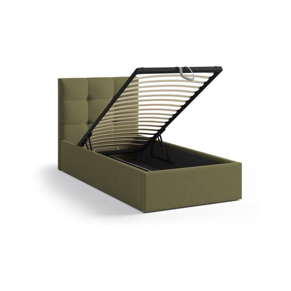 Pat verde tapițat cu spațiu de depozitare cu somieră 90x200 cm Phaedra – Micadoni -image-1