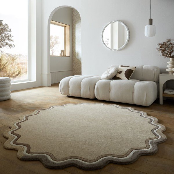 Covor în culoare naturală țesut manual rotund din lână ø 180 cm Leo Scallop – Flair Rugs-image-1