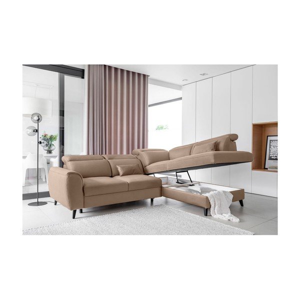 Colțar maro deschis extensibil/cu spațiu de depozitare cu tapițerie din catifea (cu colț pe partea dreaptă/în formă de ”L”) Noble – ELTAP-image-3