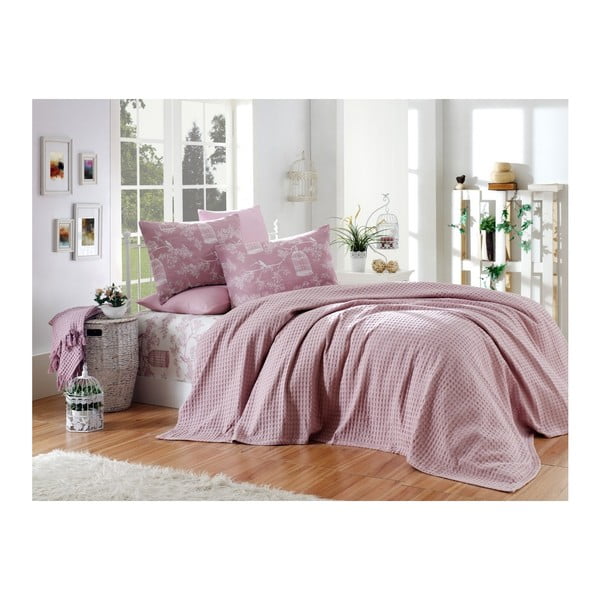 Set din bumbac pentru dormitor Pink Pique, 220 x 240 cm, roz