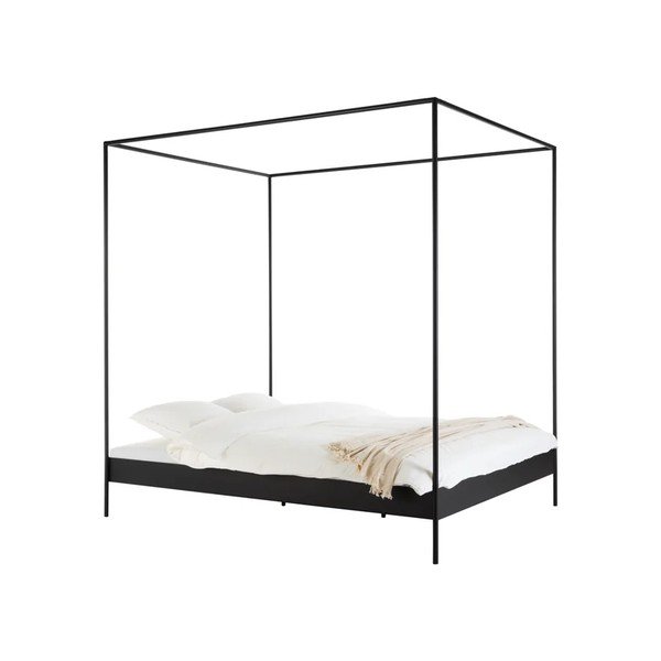 Pat matrimonial negru din oțel fără tăblie/cu baldachin cu somieră 140x200 cm Eton – noo.ma
