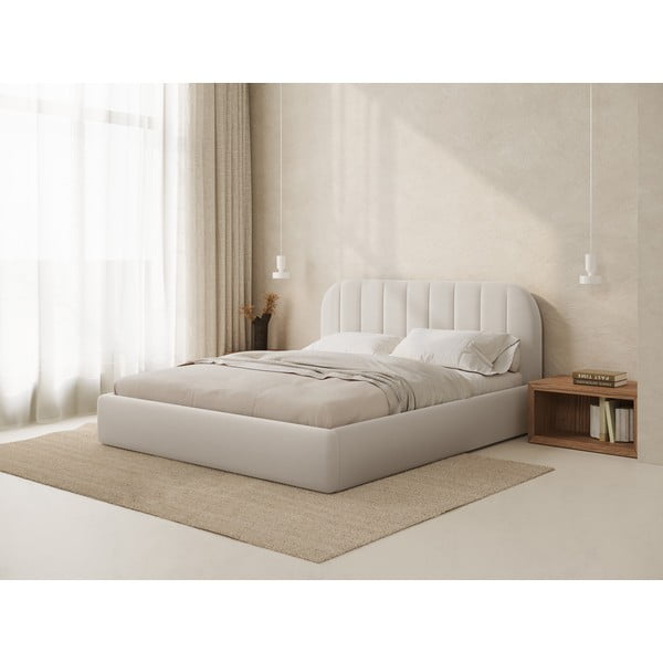 Pat matrimonial bej tapițat cu spațiu de depozitare cu somieră 160x200 cm Juno – Windsor & Co Sofas-image-1