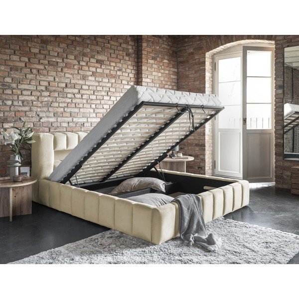 Pat matrimonial bej tapițat cu spațiu de depozitare cu somieră 160x200 cm Lamica – ELTAP-image-3