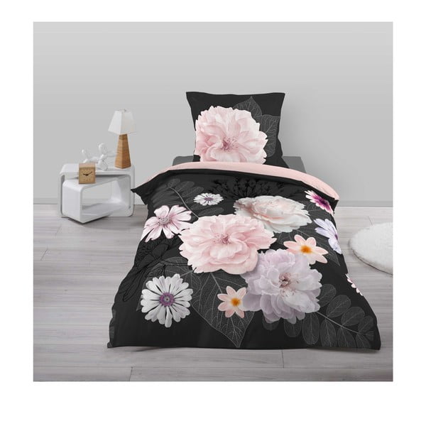 Lenjerie de pat neagră/roz din bumbac pentru pat de o persoană 140x200 cm Floral – douceur d'intérieur