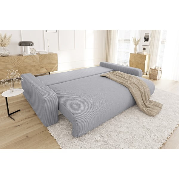 Canapea gri deschis extensibilă, cu spațiu de depozitare, cu tapițerie din catifea reiată  234 cm Sara – Ropez-image-3