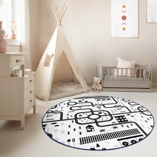 Covor de joacă pentru copii alb-negru lavabil ø150 cm In My Town – Mila Home-image-2