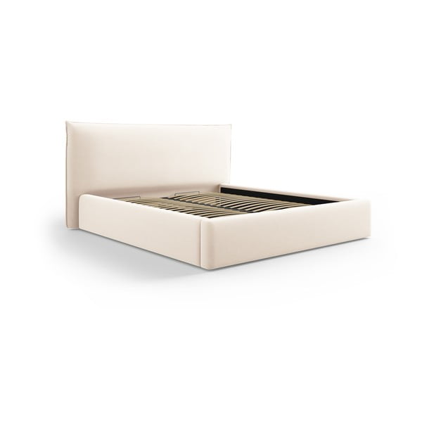 Pat matrimonial crem tapițat cu spațiu de depozitare cu somieră 160x200 cm Elio – Milo Casa
