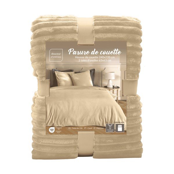Lenjerie de pat bej din flanelă pentru pat dublu/extinsă cu 3 piese 240x220 cm Veloutea – douceur d'intérieur-image-4